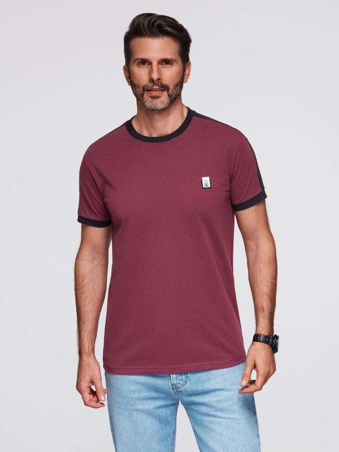 Men's T-shirt with contrasting stripes - maroon V2 OM-TSCT-0115