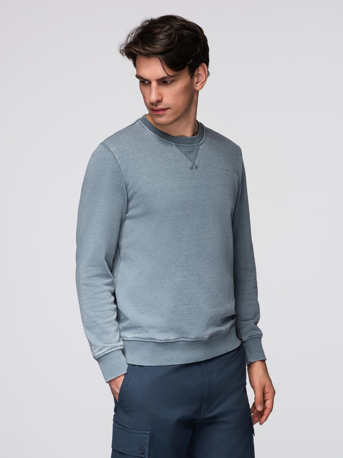 Washed men's sweatshirt with decorative stitching at the neckline - light blue V3 OM-SSDS-0131