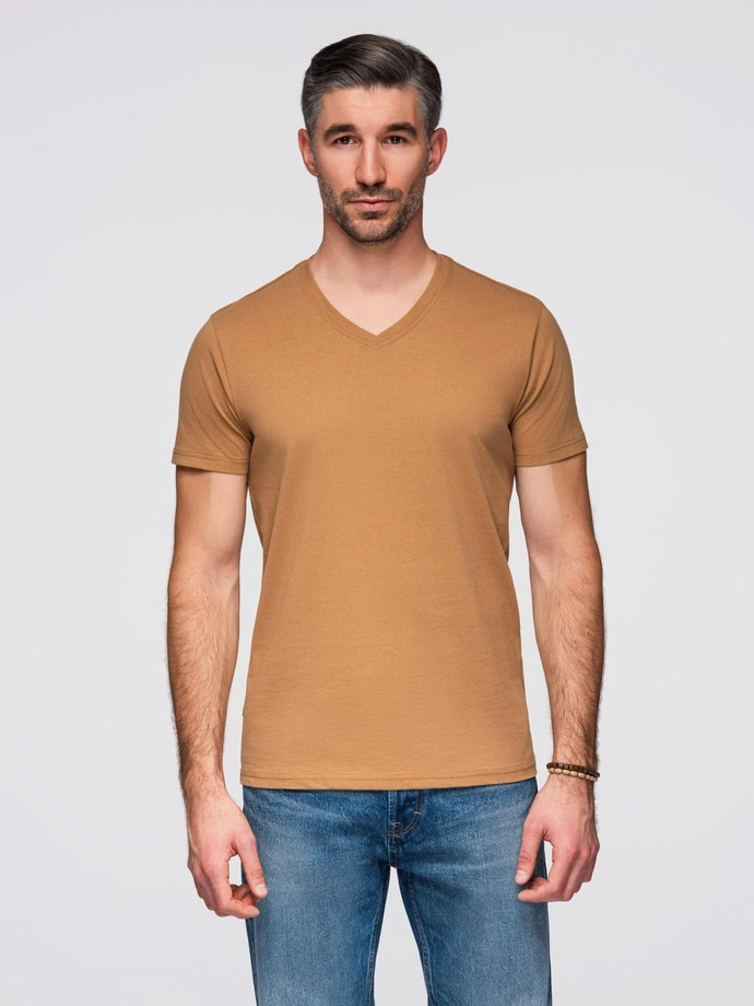 Pánske klasické bavlnené tričko BASIC s výstrihom do V - hnedé V9 OM-TSBS-0237