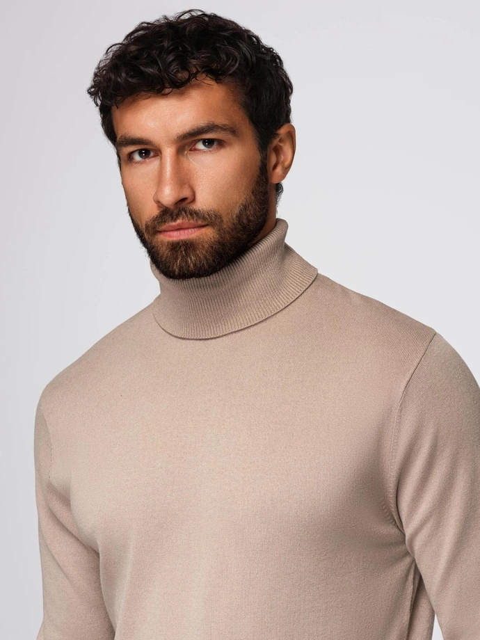 Men's knitted fitted turtleneck with viscose - beige V5 OM-SWTN-0101