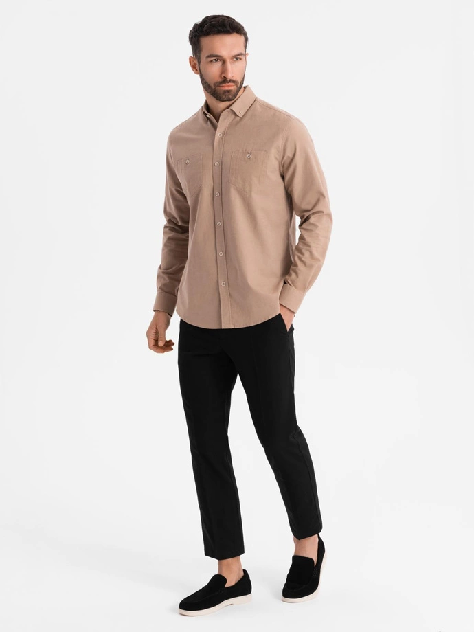 Men's linen shirt with classic collar and pockets REGULAR FIT - light brown V7 OM-SHCS-0134