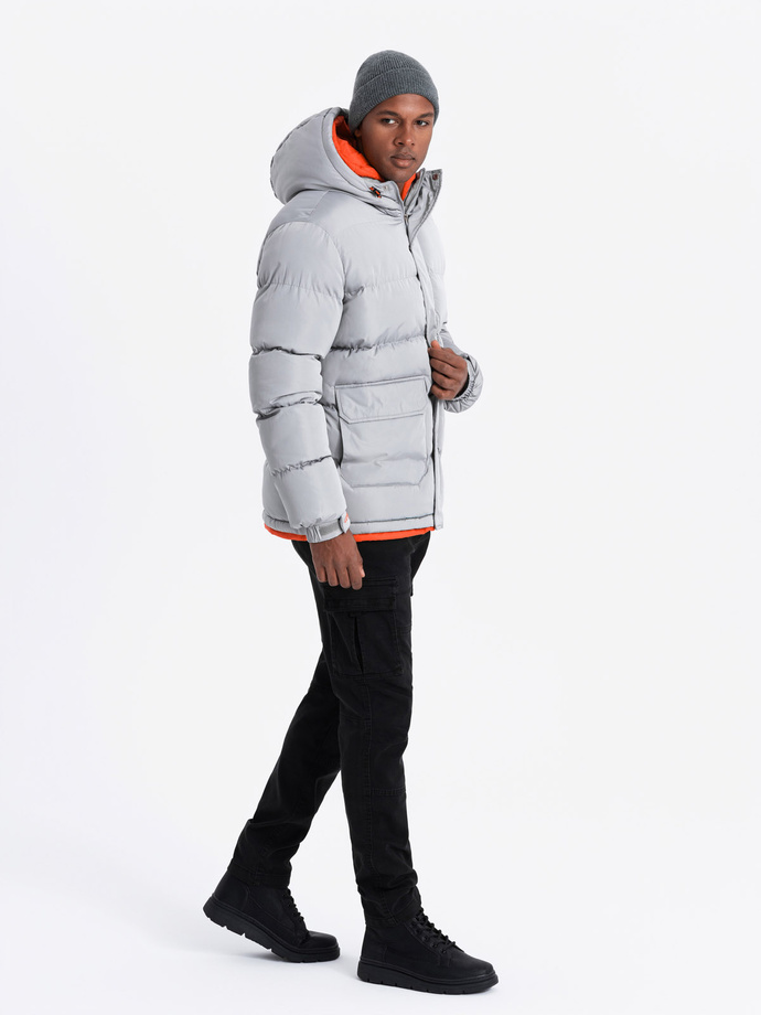 Pánska športová teplá bunda s dvojitou kapucňou - sivá V3 OM-JAHP-0208