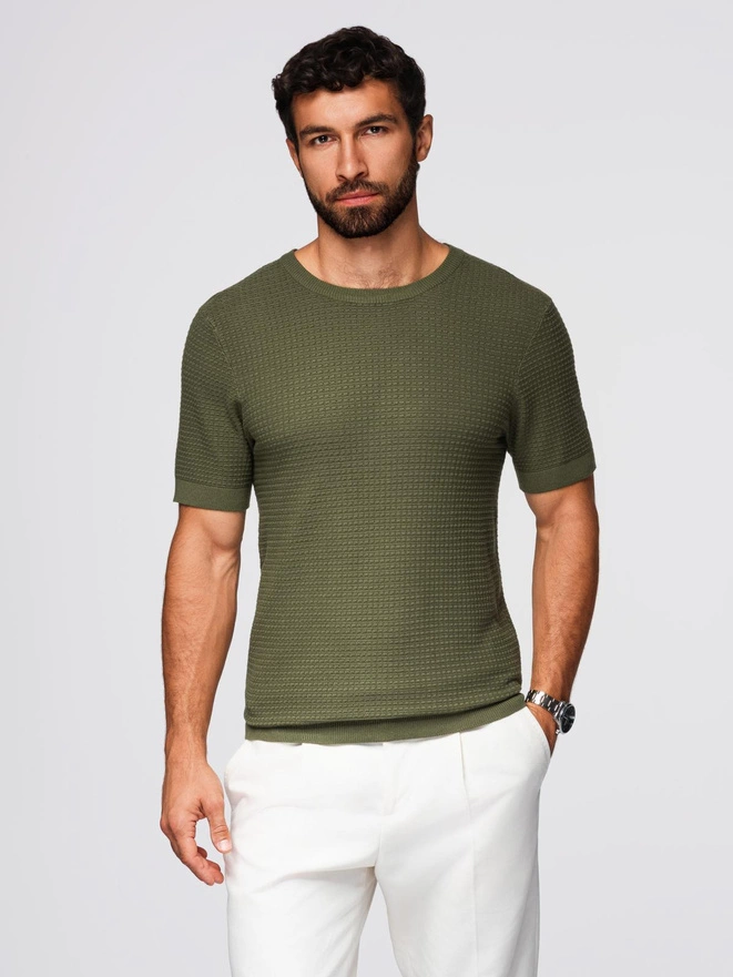Tricou tricotat structurat pentru bărbați - olive V1 OM-TSCT-0253