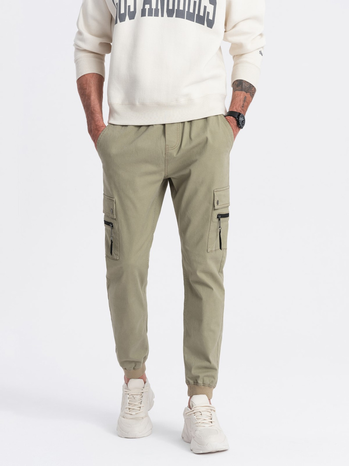 Men's JOGGER pants with zippered cargo pockets - khaki V1 OM-PAJO-0125