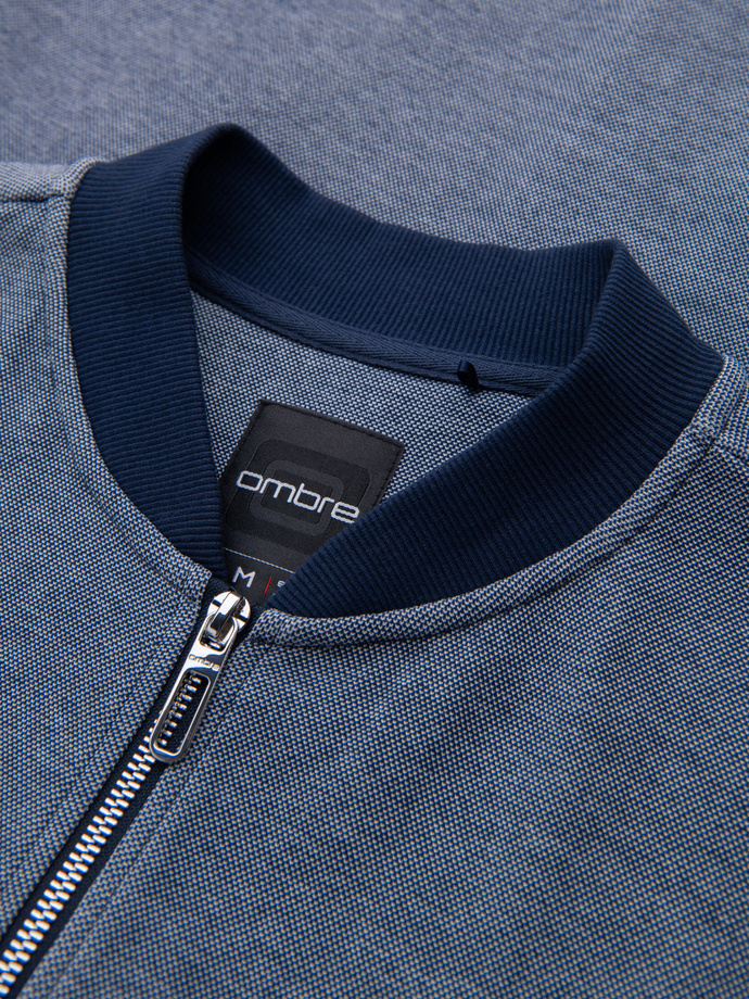 Men's pique knit bomber sweatshirt - navy blue V2 OM-SSZP-0238