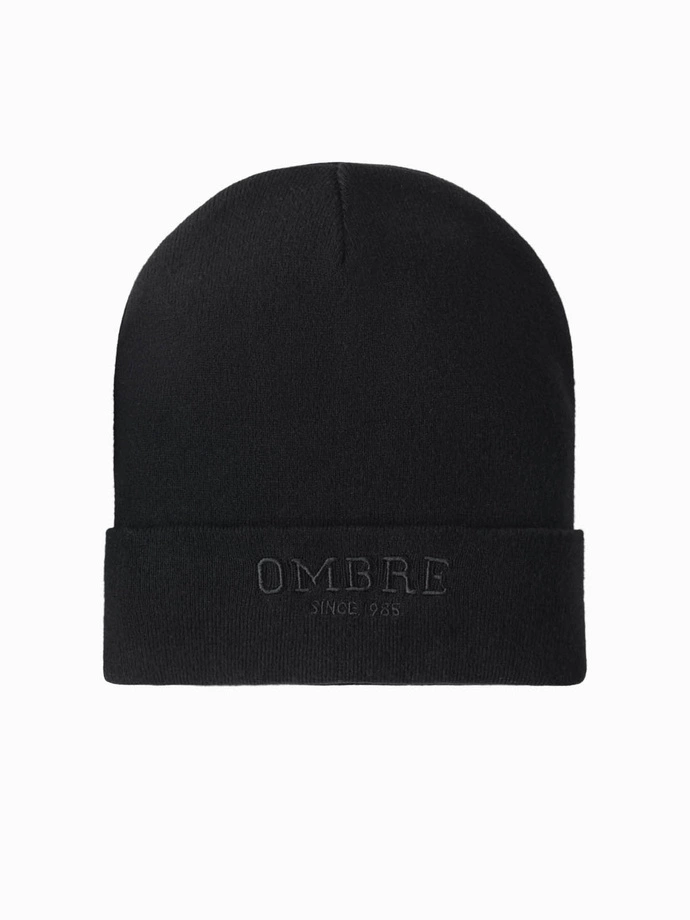 Men's knitted beanie hat with embroidered inscription - black V1 OM-ACWH-0120