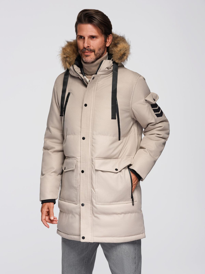 Men's long warm parka jacket with hood - beige V5 OM-JALJ-0182