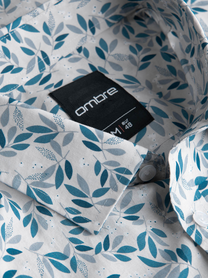 Cămașă bărbătească SLIM FIT cu imprimeu cu crenguțe - albastru-gri V2 OM-SHPS-0163