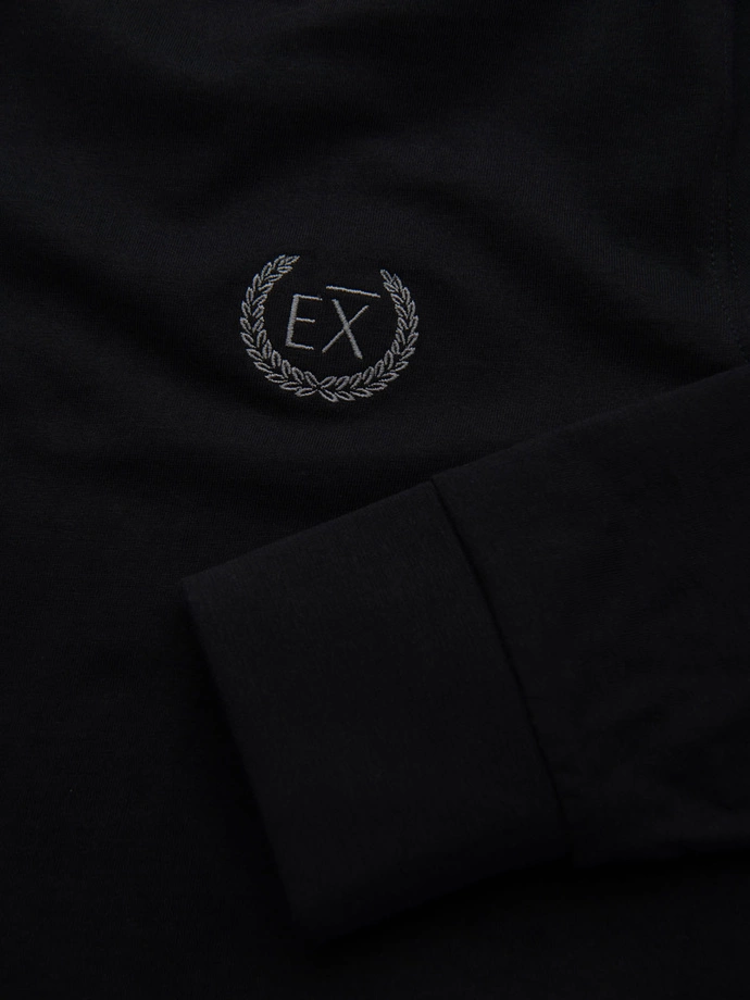 Men's cotton longsleeve with striped U neckline and embroidery - black V4 OM-LSCL-0128