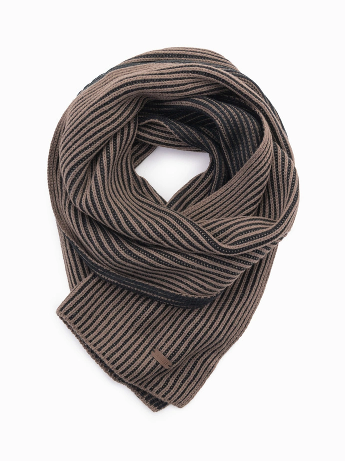 Men's knitted scarf with two-tone stripes - brown and black V3 OM-ACSF-0114