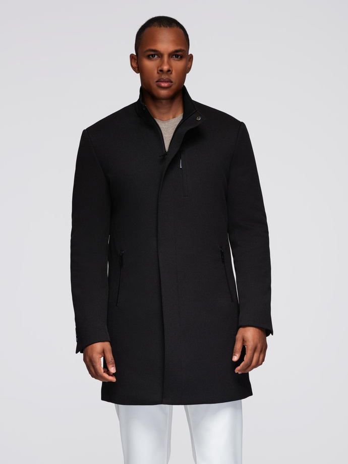 Fitted structured men's high collar coat - black V1 OM-COWC-0136