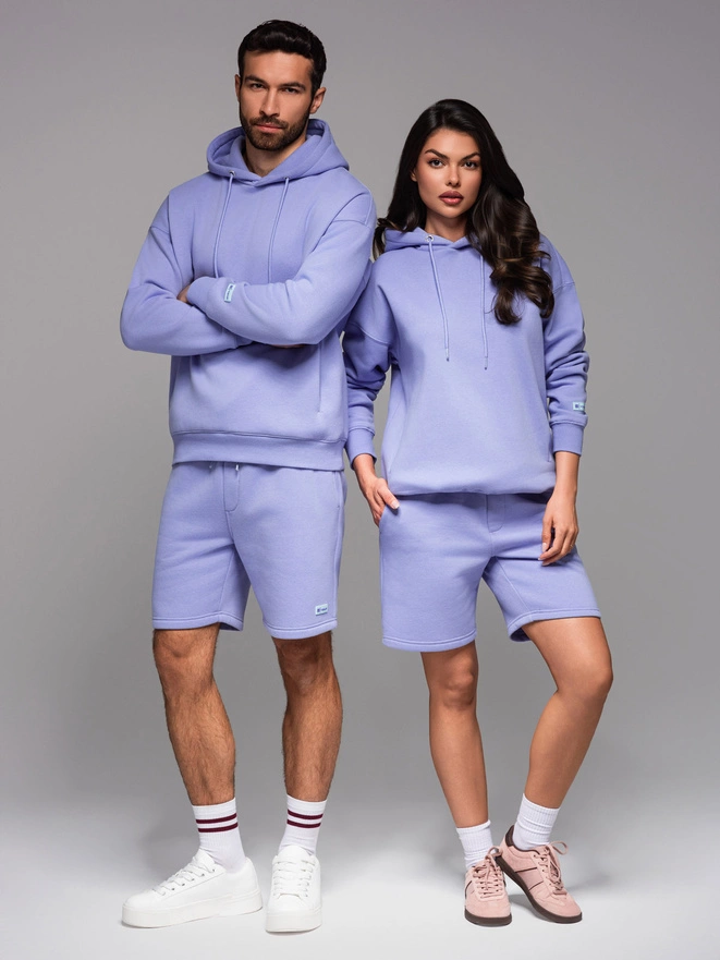 UNISEX sportinio kostiumo komplektas su gobtuvu ir sportinio stiliaus šortais - levandų spalvos V9 Z110