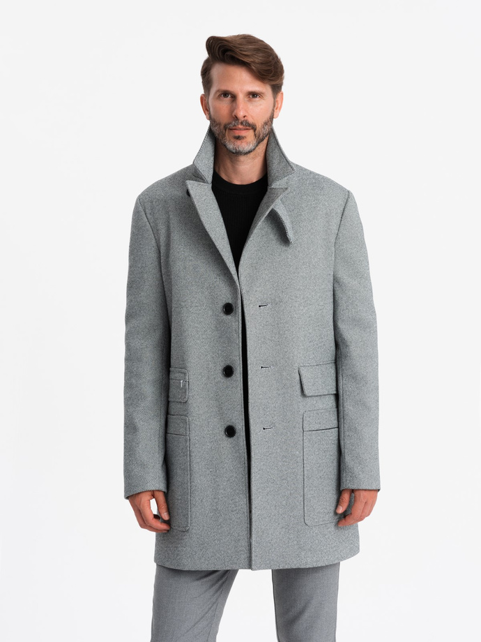 Patterned single-breasted men's coat with pockets - grey V3 OM-COWC-0108