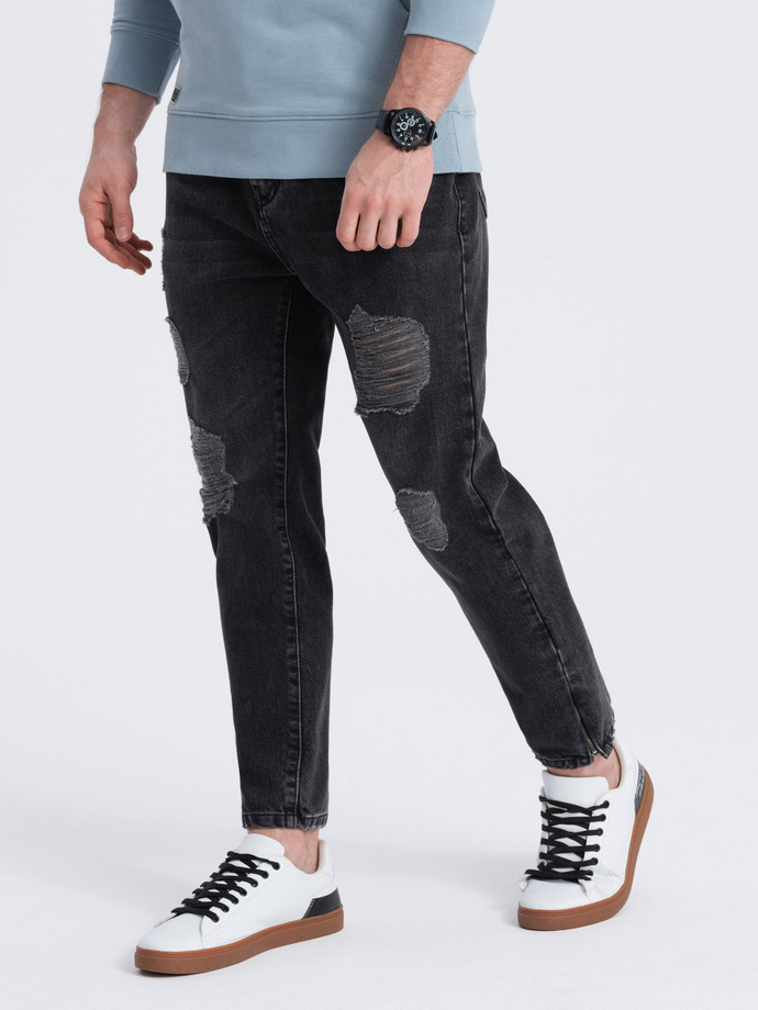 Pantaloni de bărbați din denim cu găuri - negru V2 P1028