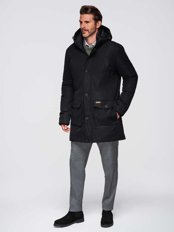 Elegant men's parka with cargo pockets and hood - black V1 OM-JAPJ-0287