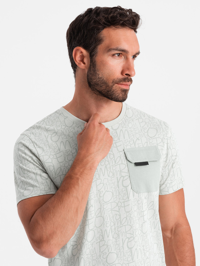 Tricou bărbătesc din bumbac cu litere imprimate și buzunar - galben-verde V4 OM-TSFP-0188