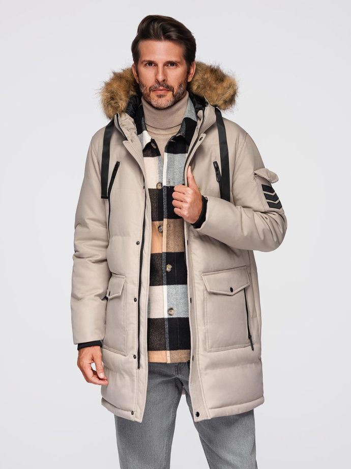 Men's long warm parka jacket with hood - beige V5 OM-JALJ-0182