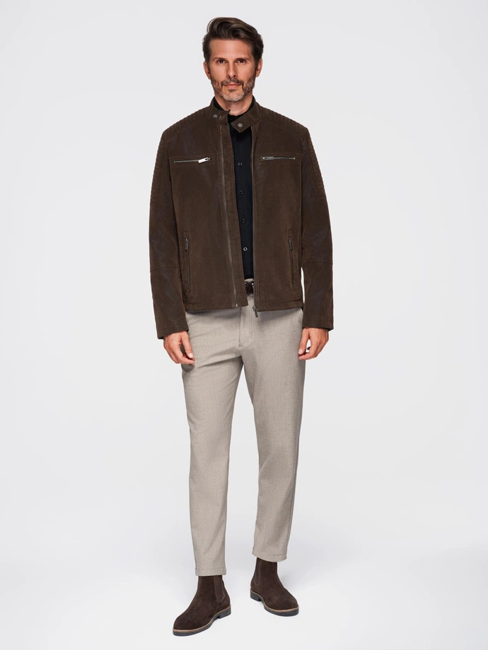 Men's stylish eco leather biker jacket with collar - dark brown V1 C637