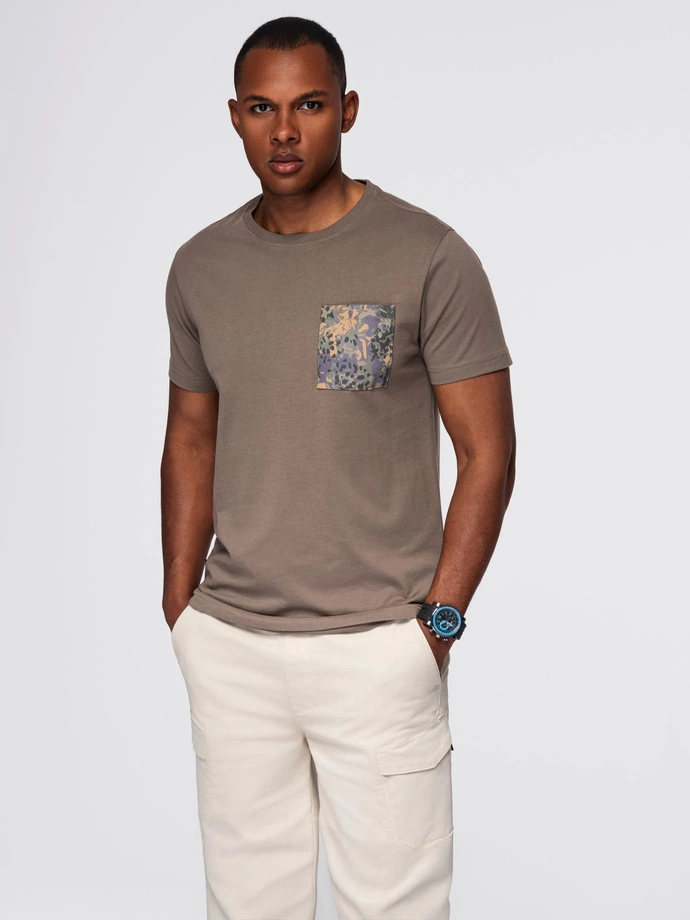 Men's cotton t-shirt with printed pocket - dark olive V1 OM-TSPT-0227