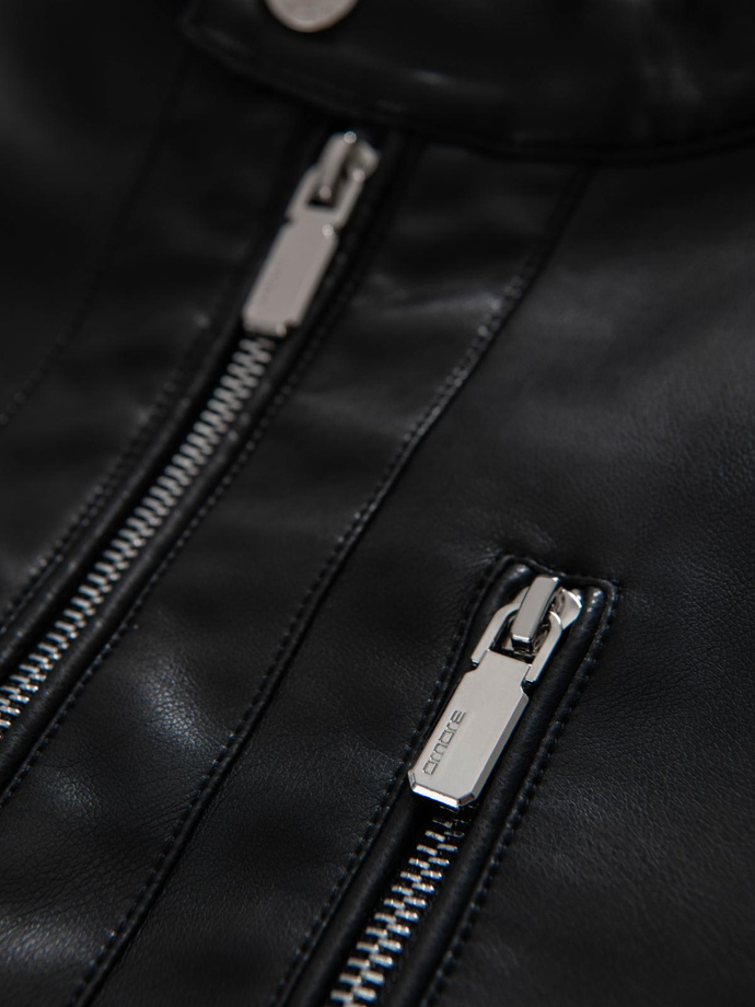 Men's faux leather jacket with ribbed bottom hem - black V2 OM-JAFL-0109