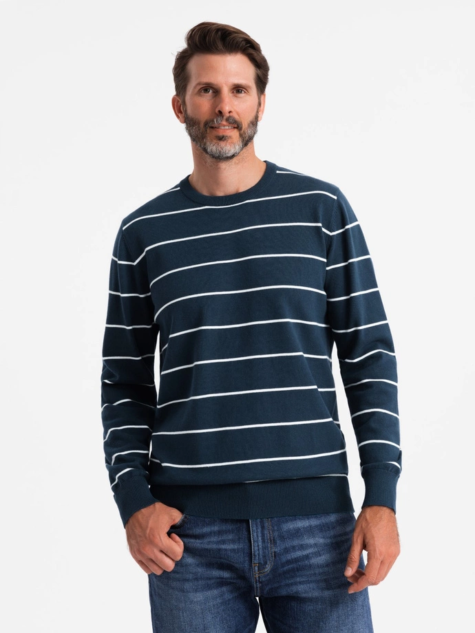 Casual men's sweater with horizontal stripes - navy blue V1 OM-SWSW-0143