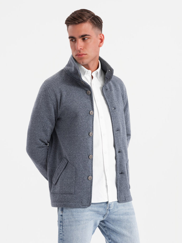 Men's casual sweatshirt with button-down collar - navy blue melange V5 OM-SSZP-0171