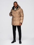 Men's long puffer jacket with snap pockets - brown V2 OM-JALJ-0186