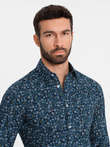 Pánská vzorovaná bavlněná košile SLIM FIT - tmavě modrá V1 OM-SHCS-0151