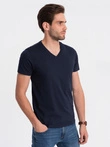 Tricou clasic din bumbac pentru bărbați BASIC cu guler în V - albastru marin V2 OM-TSBS-0145