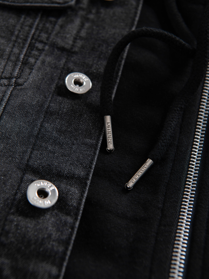 Men's denim jacket with knitted sleeves and hood - black V3 OM-JADJ-0220