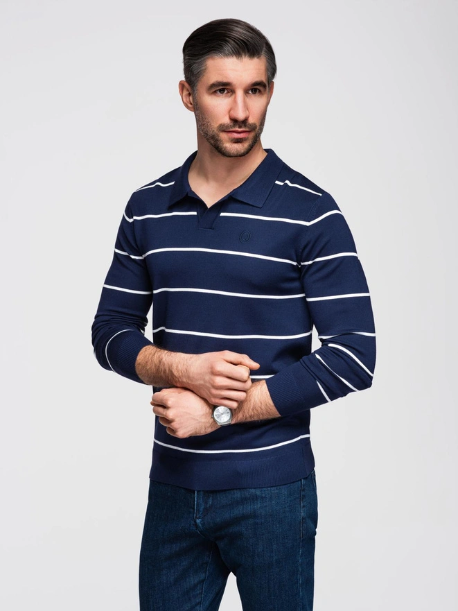 Men's horizontal striped polo longsleeve with viscose - navy blue and white V1 OM-POLS-0146