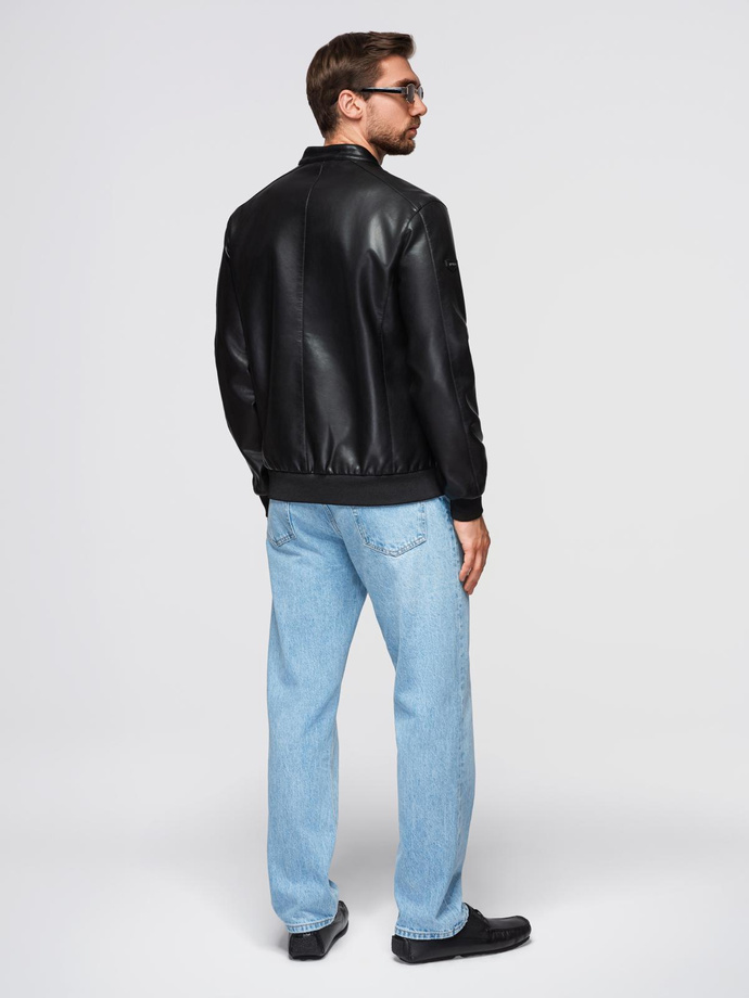 Men's faux leather jacket with ribbed bottom hem - black V2 OM-JAFL-0109