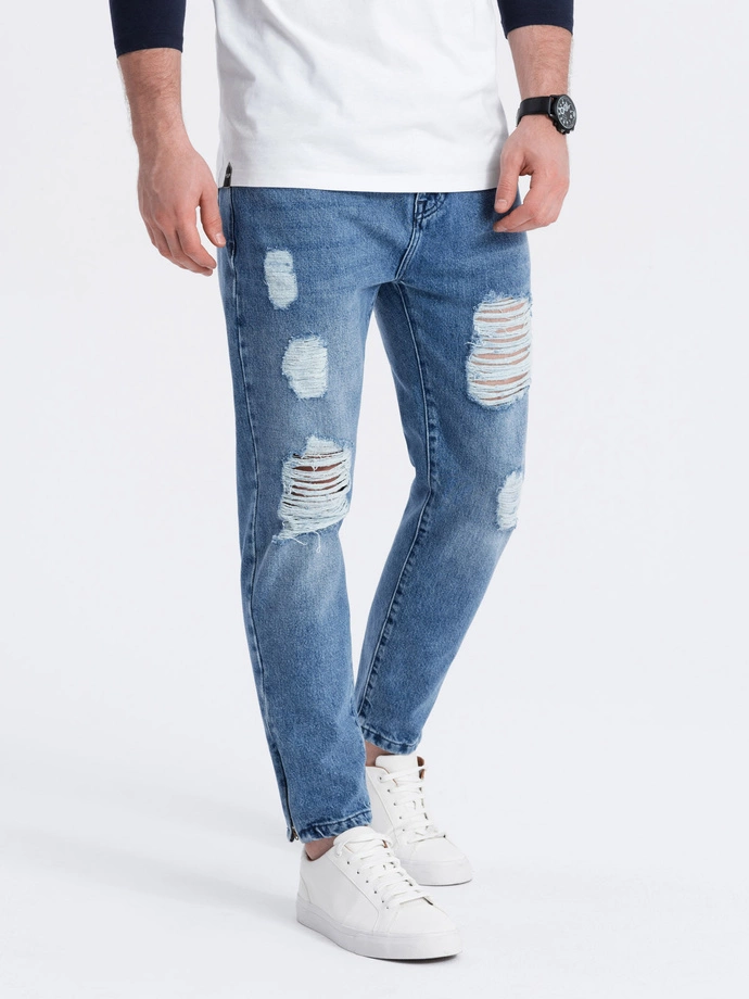 Pantaloni de bărbați din denim cu găuri - albastru V3 P1028