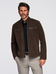 Men's retro biker jacket with stand-up collar - brown V1 OM-JAFL-0197