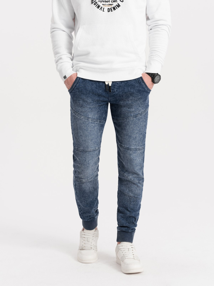 Vyriškos marmurinės JOGGERY kelnės su dygsniais - mėlynos V1 OM-PADJ-0108