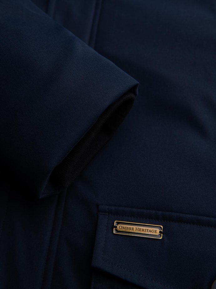 Parka elegantă pentru bărbați cu buzunare cargo și glugă - albastru marin V2 OM-JAPJ-0287