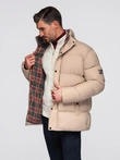 Men's puffer jacket with check lining - beige V2 OM-JAHP-0205