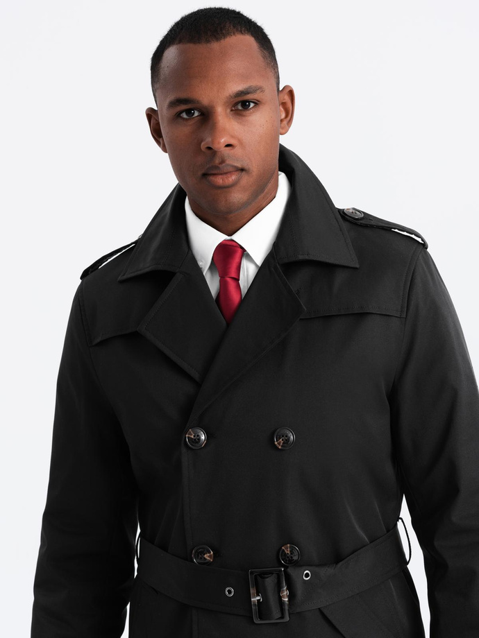 Elegant SLIM FIT men's trench coat with belt - black V2 OM-COSC-0126