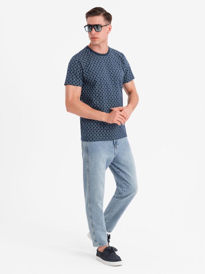 Men's full print knit shirt - navy blue V1 OM-TSFP-0250