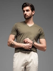 Tricou clasic din bumbac pentru bărbați BASIC cu guler în V - măslin închis V6 OM-TSBS-0145