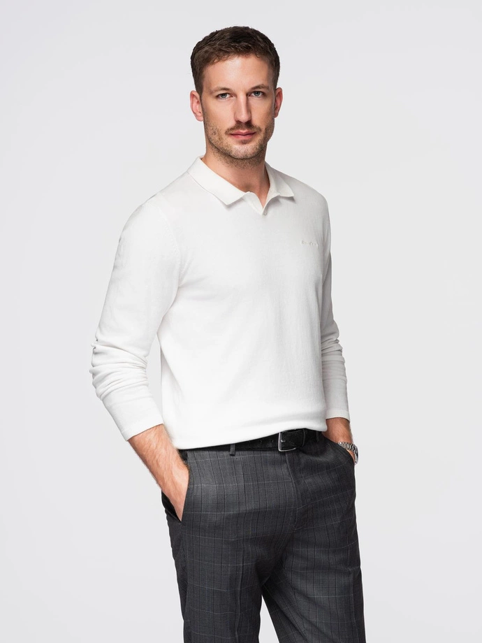 Men's polo sweater with embroidery on chest - white V2 OM-POLS-0140