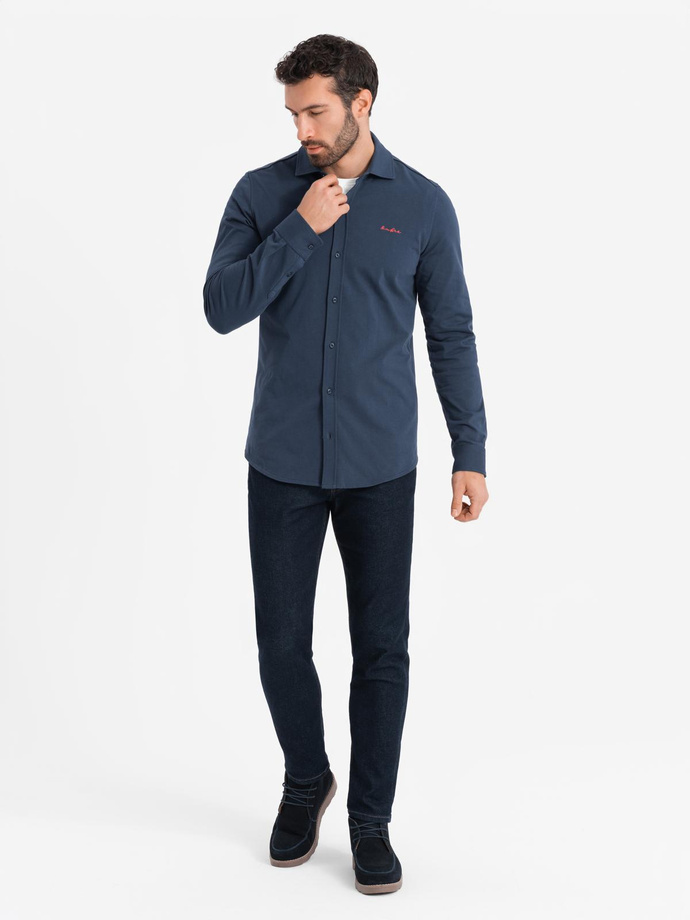 Pánská bavlněná košile REGULAR z jednoduchého žerzeje - tmavě modrá V2 OM-SHCS-0138