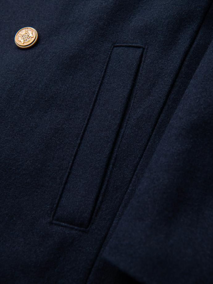 Men's double-breasted coat with wool and decorative appliqués - V1 navy blue OM-COWC-0149