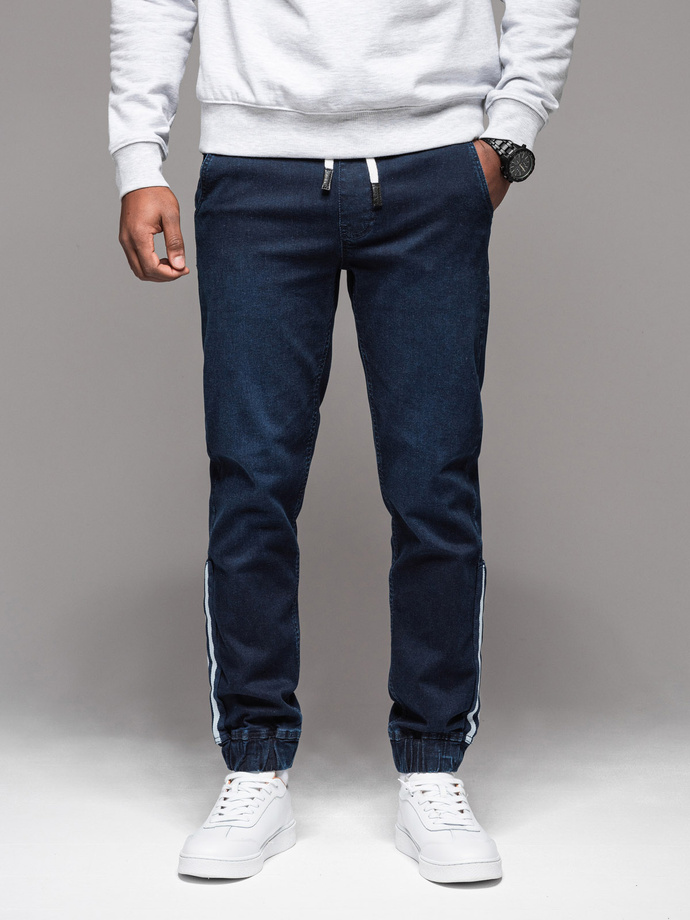 Pantalon sport bărbătesc din denim cu bordură - albastru închis V4 OM-PADJ-0156