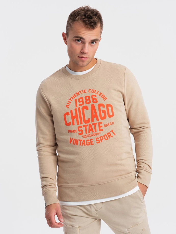 Men's unbuttoned sweatshirt with collegiate print - sand V1 OM-SSPS-0154