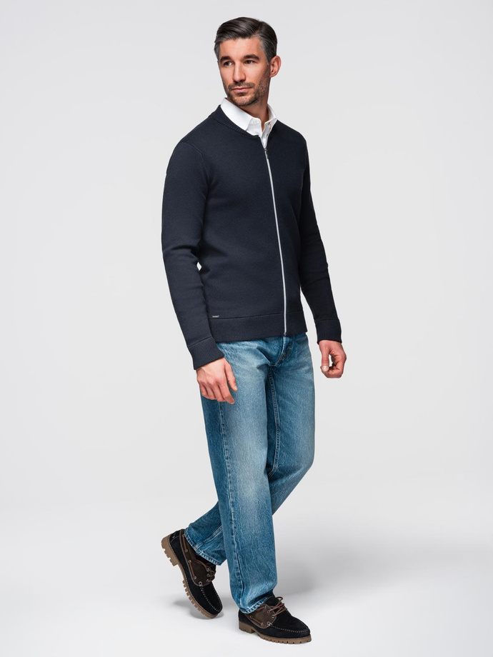 Pánsky jednoduchý sveter na zips - tmavomodrý V1 OM-SWZS-0146