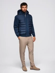 Quilted bomber jacket with hood and knitted sleeves - navy blue V2 OM-JALP-0298
