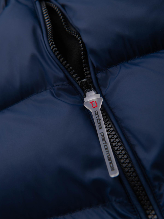 Vyriška moderni dygsniuota kombinuotų medžiagų striukė - tamsiai mėlyna V2 OM-JAHP-0303