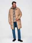 Men's quilted long jacket with detachable hood - beige V2 OM-JALJ-0190