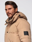 Men's quilted long jacket with detachable hood - beige V2 OM-JALJ-0190